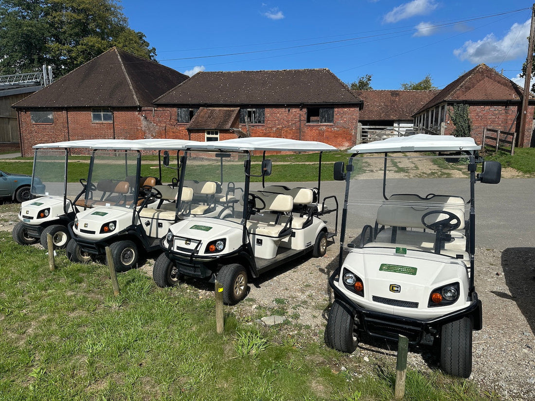 Cushman Shuttle 6 fleet on hire at a venue for a weekend event.